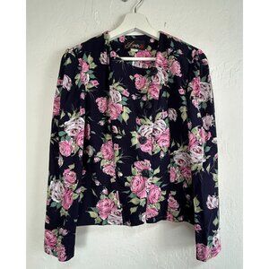 Vtg Damon II ILGWU Women's Long Sleeve Floral Blazer 10 Button Down Roses Blue